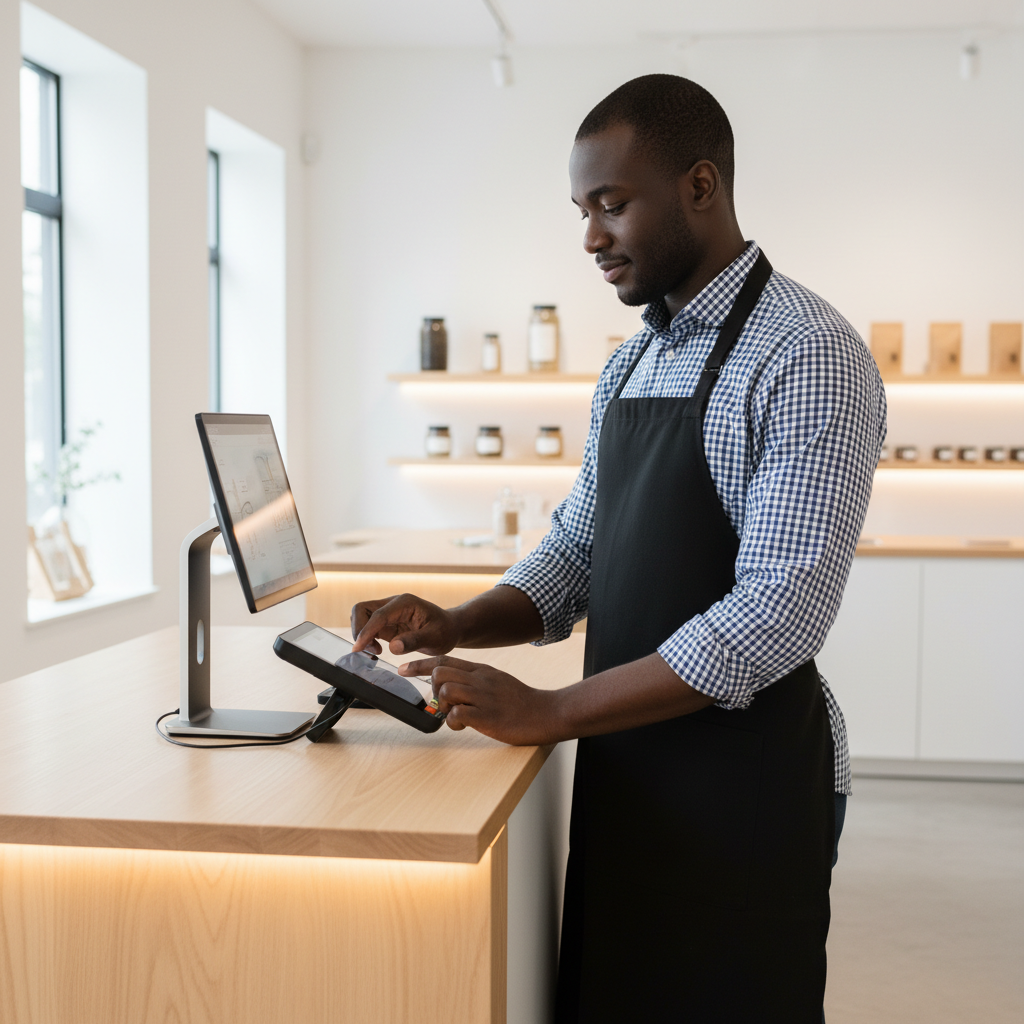 Équipe iPOS installant une caisse enregistreuse tactile chez un commerçant à Dakar